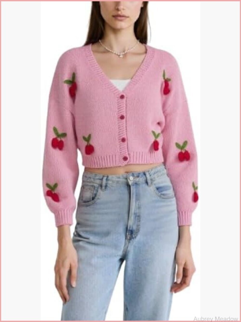 Cropped Cardigan V-Neck Button Down Floral Embroidered Knit Sweater Outwear